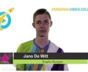 #PersonalVideo produced for Jano De Witt, a #GraphicsDesigner of Ink2StitchesnnPersonal Video is a great way to express your professionalism, to tell your audience who you are and what you do.nAn HD (High-Definition) Format of your Personal Video is produced for most of your video presentation needs. You can for example; upload to YouTube or any other video hosting website, for use your website or blog. nVisit https://www.PersonalVideo.co.za/ to get your own Personal Video.nnVideo Information fo