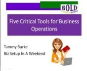 Tammy Burke of Biz Setup In A Weekend presents her five favorite tools to run your business smoothly in this monthly webinar from Deborah Gallant of Bold Business Works.