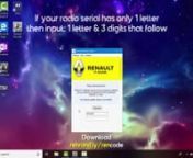 How to get a free Renault radio code with a code finder that does not require membership.nnDownload: https://rebrand.ly/rencodennYour Renault radio serial will be located in the radio manual that usually comes with the car, it is also located on the back or side of the stereo itself. You will need your serial number to obtain a unlock code that is unique to your radio. To get a unlock code enter the last letter and 3 numbers that follow or if theres 2 letters, then these 2 and the 5 numbers that