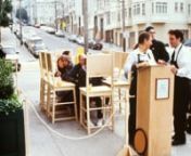 On December 12, 2001 I ran a sidewalk cafe at a local restaurant in San Francisco. Patrons were invited sit on an undersized table and eat off of one of the eight oversized chairs that I constructed. Due to the size of the table if the diners were to be comfortable they had to rest against the persons back that was behind them. I hired a waiterss and I performed/worked as the busboy in my “uniform”. Special thanks to Sare Dierck for taking photographs and Synne Tollerud Bull and Dragan Milet
