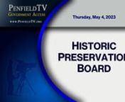 Monthly Meeting &#124; 05/04/2023 &#124; 56m 31snTown of Penfield Historic Preservation Board &#124; www.penfield.org nChairperson: Thomas Combs nBoard Members: Donald Crumb, Jr., Charles Fox, Stephen Golding, Mira Mejibovsky,nMichael PignatonTown Board Liaison: Linda Kohl nnThe Historic Preservation Board (HPB) was formed to provide an implementation of the Ordinance. The Purpose of the Ordinance is to preserve the historical and architectural character of designated structures or districts within the town an