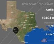 This animation shows the passage of the Moon&#39;s shadow over Texas on April 8, 2024. During a total solar eclipse, the sky suddenly darkens and the Sun&#39;s corona will be revealed. This is easily the most beautiful sight you will ever see in the sky! Be sure to use solar eclipse glasses while the Sun is not fully eclipsed. Details and eclipse glasses are at greatamericaneclipse.com