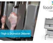 2400 thighs or drumsticks per hour!nnSmaller plants might find a better match with the FM 6.50 Thigh and Drumstick Deboner. It achieves maximum yield and flexibility. The machine can be loaded by one worker and has an automatic unloading device for the deboned thigh or drumstick meat and bones.nnScences: nIntro : 00:00 – 00:14nFM 6.50 Tigh / Drumstick Deboner : 00:14 – 00:18nThigh de-boning mode : 00:18 – 00:51nDrumstick de-boning mode : 00:51 – 01:15nSpecifications Machine : 01:15 – 0