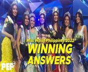 Heto ang performances ng mga nanalo sa nakaraang Miss World Philippines 2022. &#60;br/&#62;&#60;br/&#62;Panoorin ang kanilang mga sagot na nagpanalo sa kanila ng kani-kanilang mga korona.&#60;br/&#62;&#60;br/&#62;00:00 - Miss World Philippines Charity 2022 Cassandra Bermeo Chan answers the question: Should people in the LGBTQ+ community come out? Why or why not? &#60;br/&#62;00:44 - Miss World Philippines Tourism 2022 Justine Beatrice Felizarta answers the question: What can we learn from celebrity breakups that expose their private lives in public?&#60;br/&#62;01:21 - Miss Eco Teen Philippines 2022 Beatriz Mclelland answers the question: Do you agree that we should tax the rich even more to help the country rebound from the pandemic?&#60;br/&#62;02:10 - Reina Hispanoamericana Filipinas 2022 Ingrid Santamaria answers the question: How do you think can Filipinos unite under one flag as a people after a very divisive elections?&#60;br/&#62;03:06 - Miss Eco International-Philippines 2022 Ashley Subijano Montenegro answers the question: Should bloggers and vloggers be accredited as members of the mainstream media?&#60;br/&#62;04:02 - Miss Supranational Philippines 2022 Alison Black answers the question: If you were to be appointed as Secretary of the Department of Tourism, what innovation will you implement to boost cultural tourism? &#60;br/&#62;04:44 - Miss World Philippines 2022 Gwendolyne Fourniol answers the question: How do we cope with an education deficit accumulated due to the pandemic?&#60;br/&#62;&#60;br/&#62;#MWP2022 #GwendolyneFourniol #AlisonBlack #AshleySubijanoMontenegro #IngridSantamaria #BeatrizMcLelland #JustineBeatriceFelizarta #CassandraBermeoChan&#60;br/&#62;&#60;br/&#62;Video: Sany Chua&#60;br/&#62;Producer: Rommel Llanes&#60;br/&#62;Video Editor: Antonio Payomo III &#60;br/&#62;&#60;br/&#62;Subscribe to our YouTube channel! https://www.youtube.com/PEPMediabox&#60;br/&#62;&#60;br/&#62;Know the latest in showbiz on http://www.pep.ph&#60;br/&#62;&#60;br/&#62;Follow us! &#60;br/&#62;Instagram: https://www.instagram.com/pepalerts/ &#60;br/&#62;Facebook: https://www.facebook.com/PEPalerts &#60;br/&#62;Twitter: https://twitter.com/pepalerts&#60;br/&#62;&#60;br/&#62;Visit our DailyMotion channel! https://www.dailymotion.com/PEPalerts&#60;br/&#62;&#60;br/&#62;Join us on Viber: https://bit.ly/PEPonViber&#60;br/&#62;&#60;br/&#62;Watch us on Kumu: pep.ph