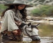 Prompt Midjourney : photo Apache 30yo woman brought the horse to the river and he drinks water, she stands nearby --ar 9:16 --cref https://s.mj.run/g-mbxc5QKAk --cw 100