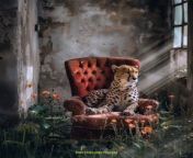 Prompt Midjourney : shot of a cheetah, sitting in a bright vintage velvet chair, among crumbling concrete walls, wild flowers growing around, green grass, rays of morning light