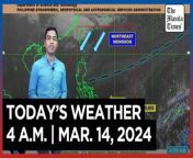 Today&#39;s Weather, 4 A.M. &#124; Mar. 14, 2024&#60;br/&#62;&#60;br/&#62;Video Courtesy of DOST-PAGASA&#60;br/&#62;&#60;br/&#62;Subscribe to The Manila Times Channel - https://tmt.ph/YTSubscribe &#60;br/&#62;&#60;br/&#62;Visit our website at https://www.manilatimes.net &#60;br/&#62;&#60;br/&#62;Follow us: &#60;br/&#62;Facebook - https://tmt.ph/facebook &#60;br/&#62;Instagram - https://tmt.ph/instagram &#60;br/&#62;Twitter - https://tmt.ph/twitter &#60;br/&#62;DailyMotion - https://tmt.ph/dailymotion &#60;br/&#62;&#60;br/&#62;Subscribe to our Digital Edition - https://tmt.ph/digital &#60;br/&#62;&#60;br/&#62;Check out our Podcasts: &#60;br/&#62;Spotify - https://tmt.ph/spotify &#60;br/&#62;Apple Podcasts - https://tmt.ph/applepodcasts &#60;br/&#62;Amazon Music - https://tmt.ph/amazonmusic &#60;br/&#62;Deezer: https://tmt.ph/deezer &#60;br/&#62;Tune In: https://tmt.ph/tunein&#60;br/&#62;&#60;br/&#62;#TheManilaTimes&#60;br/&#62;#WeatherUpdateToday &#60;br/&#62;#WeatherForecast