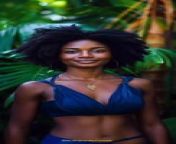 Prompt Midjourney : A portrait of an African American woman with natural hair, smiling warmly at the camera in front of lush greenery. She&#39;s wearing a blue top and gold jewelry, her skin radiating healthiness. The background is blurred to highlight her features, creating a soft bokeh effect that adds depth and a dreamy quality to the photograph. Shot in the style of Nikon Z6 with a Nikkor macrophotography lens. --ar 49:96