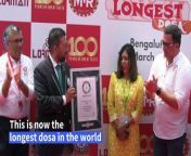 Indian food company MTR Foods set a new record for the world&#39;s longest dosa, a popular Indian dish. A team of 75 chefs made the 37.5-metre crepe by pouring batter across a specially made pan and rolling it up in synchronised motions.
