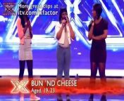 The X Factor 2010: These three girls have quite an unusual name for their band. Having spent all their time naming themselves after their favourite food, they seem to have forgotten to learn the words to their song... See more at http://itv.com/xfactor