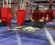 This man was attempting an obstacle course when he got his leg stuck in on the obstacles. He tried to swing from one rope to the other but hilariously fell to the floor instead. Luckily, he seemed okay as the floor was made of foam.