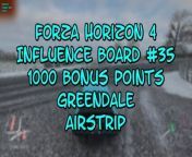 This video from FORZA HORIZON 4 and is for those of us that like to find and collect things. In this video, we will find my 35th INFLUENCE BOARD to destroy and this one was good for 1000BONUS POINTS and it was located in the GREENDALE area of the map, near the AIRSTRIP.