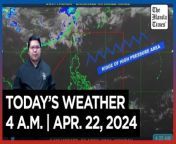Today&#39;s Weather, 4 A.M. &#124; Apr. 22, 2024&#60;br/&#62;&#60;br/&#62;Video Courtesy of DOST-PAGASA&#60;br/&#62;&#60;br/&#62;Subscribe to The Manila Times Channel - https://tmt.ph/YTSubscribe &#60;br/&#62;&#60;br/&#62;Visit our website at https://www.manilatimes.net &#60;br/&#62;&#60;br/&#62;Follow us: &#60;br/&#62;Facebook - https://tmt.ph/facebook &#60;br/&#62;Instagram - https://tmt.ph/instagram &#60;br/&#62;Twitter - https://tmt.ph/twitter &#60;br/&#62;DailyMotion - https://tmt.ph/dailymotion &#60;br/&#62;&#60;br/&#62;Subscribe to our Digital Edition - https://tmt.ph/digital &#60;br/&#62;&#60;br/&#62;Check out our Podcasts: &#60;br/&#62;Spotify - https://tmt.ph/spotify &#60;br/&#62;Apple Podcasts - https://tmt.ph/applepodcasts &#60;br/&#62;Amazon Music - https://tmt.ph/amazonmusic &#60;br/&#62;Deezer: https://tmt.ph/deezer &#60;br/&#62;Tune In: https://tmt.ph/tunein&#60;br/&#62;&#60;br/&#62;#TheManilaTimes&#60;br/&#62;#WeatherUpdateToday &#60;br/&#62;#WeatherForecast&#60;br/&#62;