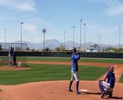 Texas Rangers pitcher James Jones faces centerfielder Danny Santana in a live bullpen session at the club&#39;s spring training facility in Surprise, Arizona on February 18, 2020.