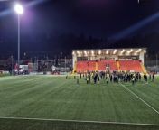 Shamrock Rovers fans are asked to move into the centre of the pitch for their own safety after crowd disturbances at Brandywell Stadium.