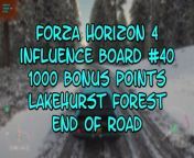 This video from FORZA HORIZON 4 and is for those of us that like to find and collect things. In this video, we will find my 40th INFLUENCE BOARD to destroy and this one was good for 1000BONUS POINTS and it was located in the LAKEHURST FOREST area of the map, at the END OF A ROAD.