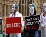 Volunteers and medics joined an anti-euthanasia protest in Westminster on Monday 29 April, while MPs considered changing the law around assisted suicide. Source: PA
