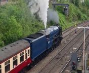 The tail end of the Blue Peter steam train can be seen as it passes through Wellington Station in Shropshire.