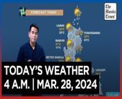 Today&#39;s Weather, 4 A.M. &#124; Mar. 28, 2024&#60;br/&#62;&#60;br/&#62;Video Courtesy of DOST-PAGASA&#60;br/&#62;&#60;br/&#62;Subscribe to The Manila Times Channel - https://tmt.ph/YTSubscribe &#60;br/&#62;&#60;br/&#62;Visit our website at https://www.manilatimes.net &#60;br/&#62;&#60;br/&#62;Follow us: &#60;br/&#62;Facebook - https://tmt.ph/facebook &#60;br/&#62;Instagram - https://tmt.ph/instagram &#60;br/&#62;Twitter - https://tmt.ph/twitter &#60;br/&#62;DailyMotion - https://tmt.ph/dailymotion &#60;br/&#62;&#60;br/&#62;Subscribe to our Digital Edition - https://tmt.ph/digital &#60;br/&#62;&#60;br/&#62;Check out our Podcasts: &#60;br/&#62;Spotify - https://tmt.ph/spotify &#60;br/&#62;Apple Podcasts - https://tmt.ph/applepodcasts &#60;br/&#62;Amazon Music - https://tmt.ph/amazonmusic &#60;br/&#62;Deezer: https://tmt.ph/deezer &#60;br/&#62;Tune In: https://tmt.ph/tunein&#60;br/&#62;&#60;br/&#62;#TheManilaTimes&#60;br/&#62;#WeatherUpdateToday &#60;br/&#62;#WeatherForecast