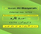 In this video, we present the beautiful recitation of Surah Al-Baqarah Ayah/Verse/Ayat 171 in Arabic, accompanied by English and Urdu translations with on-screen display. To facilitate a comprehensive understanding, we have included accurate and eloquent translations in English and Urdu.&#60;br/&#62;&#60;br/&#62;Surah Al-Baqarah, Ayah 171 (Arabic Recitation): “ وَمَثَلُ ٱلَّذِينَ كَفَرُواْ كَمَثَلِ ٱلَّذِي يَنۡعِقُ بِمَا لَا يَسۡمَعُ إِلَّا دُعَآءٗ وَنِدَآءٗۚ صُمُّۢ بُكۡمٌ عُمۡيٞ فَهُمۡ لَا يَعۡقِلُونَ ”&#60;br/&#62;&#60;br/&#62;Surah Al-Baqarah, Verse 171 (English Translation): “ The example of those who disbelieve is like that of one who shouts at what hears nothing but calls and cries [i.e., cattle or sheep] - deaf, dumb and blind, so they do not understand. ”&#60;br/&#62;&#60;br/&#62;Surah Al-Baqarah, Ayat 171 (Urdu Translation): “ کفار کی مثال ان جانوروں کی طرح ہے جو اپنے چرواہے کی صرف پکار اور آواز ہی کو سنتے ہیں (سمجھتے نہیں) وه بہرے، گونگے اور ا ندھے ہیں، انہیں عقل نہیں۔ ”&#60;br/&#62;&#60;br/&#62;The English translation by Saheeh International and the Urdu translation by Maulana Muhammad Junagarhi, both published by the renowned King Fahd Glorious Qur&#39;an Printing Complex (KFGQPC). Surah Al-Baqarah is the second chapter of the Quran.&#60;br/&#62;&#60;br/&#62;For our Arabic, English, and Urdu speaking audiences, we have provided recitation of Ayah 171 in Arabic and translations of Surah Al-Baqarah Verse/Ayat 171 in English/Urdu.&#60;br/&#62;&#60;br/&#62;Join Us On Social Media: Don&#39;t forget to subscribe, follow, like, share, retweet, and comment on all social media platforms on @QuranHadithPro . &#60;br/&#62;➡All Social Handles: https://www.linktr.ee/quranhadithpro&#60;br/&#62;&#60;br/&#62;Copyright DISCLAIMER: ➡ https://rebrand.ly/CopyrightDisclaimer_QuranHadithPro &#60;br/&#62;Privacy Policy and Affiliate/Referral/Third Party DISCLOSURE: ➡ https://rebrand.ly/PrivacyPolicyDisclosure_QuranHadithPro &#60;br/&#62;&#60;br/&#62;#SurahAlBaqarah #surahbaqarah #SurahBaqara #surahbakara #SurahBakarah #quranhadithpro #qurantranslation #verse171 #ayah171 #ayat171 #QuranRecitation #qurantilawat #quranverses #quranicverse #EnglishTranslation #UrduTranslation #IslamicTeachings #سورہ_بقرہ# سورةالبقرة .