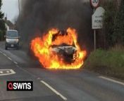 A young mum had a lucky escape after her car exploded into flames on a country road.&#60;br/&#62;&#60;br/&#62;Jodie Buckley, 29, was driving her Suzuki Swift to her mum’s home in Clevelode, near Malvern, Worcs., when the blaze broke out.&#60;br/&#62;&#60;br/&#62;Luckily, the mum-of-one managed to scramble out of the burning car seconds before it erupted into a fireball.&#60;br/&#62;&#60;br/&#62;Dramatic pictures from the scene show the vehicle completely engulfed in flames.