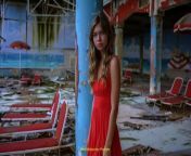 Prompt Midjourney : Total front shot capturing the teenager with a red dress at an abandoned beach facility with sunbeds and umbrellas, her dress and hair contrasted against the faded structures and remnants of past joy. She stands before a mural that catches her eye, symbolizing a connection to the place&#39;s history, captured in a style that blends documentary realism with a hint of surrealism, exploring themes of nostalgia and discovery --ar 16:9 --style raw --v 6.0