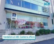 ABC&#39;s Canberra office has been vandalised again, with perpetrators spray painting messages about the Israel-Palestine conflict on its windows. Footage by Gary Ramage