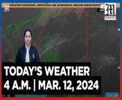 Today&#39;s Weather, 4 A.M. &#124; Mar. 12, 2024&#60;br/&#62;&#60;br/&#62;Video Courtesy of DOST-PAGASA&#60;br/&#62;&#60;br/&#62;Subscribe to The Manila Times Channel - https://tmt.ph/YTSubscribe &#60;br/&#62;&#60;br/&#62;Visit our website at https://www.manilatimes.net &#60;br/&#62;&#60;br/&#62;Follow us: &#60;br/&#62;Facebook - https://tmt.ph/facebook &#60;br/&#62;Instagram - https://tmt.ph/instagram &#60;br/&#62;Twitter - https://tmt.ph/twitter &#60;br/&#62;DailyMotion - https://tmt.ph/dailymotion &#60;br/&#62;&#60;br/&#62;Subscribe to our Digital Edition - https://tmt.ph/digital &#60;br/&#62;&#60;br/&#62;Check out our Podcasts: &#60;br/&#62;Spotify - https://tmt.ph/spotify &#60;br/&#62;Apple Podcasts - https://tmt.ph/applepodcasts &#60;br/&#62;Amazon Music - https://tmt.ph/amazonmusic &#60;br/&#62;Deezer: https://tmt.ph/deezer &#60;br/&#62;Tune In: https://tmt.ph/tunein&#60;br/&#62;&#60;br/&#62;#themanilatimes&#60;br/&#62;#WeatherUpdateToday &#60;br/&#62;#WeatherForecast