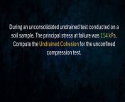 During an unconsolidated undrained test conducted on a soil sample. The principal stress at failure was 114 kPa. Compute the Undrained Cohesion for the unconfined compression test.&#60;br/&#62;-&#60;br/&#62;paki pindot po sa &#92;