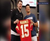 NFL star Patrick Mahomes presents Luka Doncic with Kansas City Chiefs jersey after the Mavericks-Nuggets game