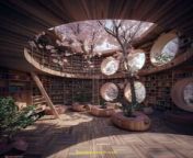Prompt Midjourney : 2 floor library with circle openings, wood, sakura, rest pods, cherry blossom, ladder--v 6.0