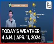 Today&#39;s Weather, 4 A.M. &#124; Apr. 11, 2024&#60;br/&#62;&#60;br/&#62;Video Courtesy of DOST-PAGASA&#60;br/&#62;&#60;br/&#62;Subscribe to The Manila Times Channel - https://tmt.ph/YTSubscribe &#60;br/&#62;&#60;br/&#62;Visit our website at https://www.manilatimes.net &#60;br/&#62;&#60;br/&#62;Follow us: &#60;br/&#62;Facebook - https://tmt.ph/facebook &#60;br/&#62;Instagram - Ahttps://tmt.ph/instagram &#60;br/&#62;Twitter - https://tmt.ph/twitter &#60;br/&#62;DailyMotion - https://tmt.ph/dailymotion &#60;br/&#62;&#60;br/&#62;Subscribe to our Digital Edition - https://tmt.ph/digital &#60;br/&#62;&#60;br/&#62;Check out our Podcasts: &#60;br/&#62;Spotify - https://tmt.ph/spotify &#60;br/&#62;Apple Podcasts - https://tmt.ph/applepodcasts &#60;br/&#62;Amazon Music - https://tmt.ph/amazonmusic &#60;br/&#62;Deezer: https://tmt.ph/deezer &#60;br/&#62;Tune In: https://tmt.ph/tunein&#60;br/&#62;&#60;br/&#62;#TheManilaTimes&#60;br/&#62;#WeatherUpdateToday &#60;br/&#62;#WeatherForecast