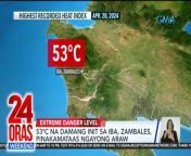 Pumalo sa 53°C ang heat index sa Iba, Zambales kanina—pinakamataas ngayong araw.&#60;br/&#62;&#60;br/&#62;&#60;br/&#62;24 Oras Weekend is GMA Network’s flagship newscast, anchored by Ivan Mayrina and Pia Arcangel. It airs on GMA-7, Saturdays and Sundays at 5:30 PM (PHL Time). For more videos from 24 Oras Weekend, visit http://www.gmanews.tv/24orasweekend.&#60;br/&#62;&#60;br/&#62;#GMAIntegratedNews #KapusoStream&#60;br/&#62;&#60;br/&#62;Breaking news and stories from the Philippines and abroad:&#60;br/&#62;GMA Integrated News Portal: http://www.gmanews.tv&#60;br/&#62;Facebook: http://www.facebook.com/gmanews&#60;br/&#62;TikTok: https://www.tiktok.com/@gmanews&#60;br/&#62;Twitter: http://www.twitter.com/gmanews&#60;br/&#62;Instagram: http://www.instagram.com/gmanews&#60;br/&#62;&#60;br/&#62;GMA Network Kapuso programs on GMA Pinoy TV: https://gmapinoytv.com/subscribe