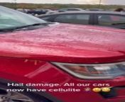 A large hailstorm in Iowa caused extensive damage to cars parked in the parking lot. Every vehicle had numerous dents on its body in the spots where the hail fell.