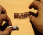 It&#39;s possible to get such power using a dry battery, neodymium magnets (super strong magnets which plated with metal) and a bare copper wire.&#60;br/&#62;A point is that a magnet&#39;s diameter is bigger than a dry cell battery&#39;s diameter.&#60;br/&#62;And an electric current flows to a coil through a neodymium magnets, and a coil will be an electromagnet only in an area between the magnet and the magnet.&#60;br/&#62;The electromagnet and a neodymium magnet poles repel each other at one side.&#60;br/&#62;The other side poles pull against each other.&#60;br/&#62;They work same direction, and it become a big force.&#60;br/&#62;The phenomenon also continues at a movement destination.